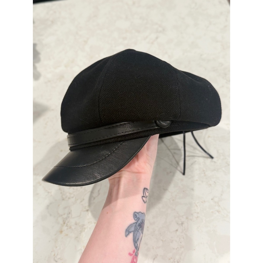 Black‎ Newsboy Baker Boy Hat Faux Leather Brim Y2K Cabbie Cap Adjustable Black